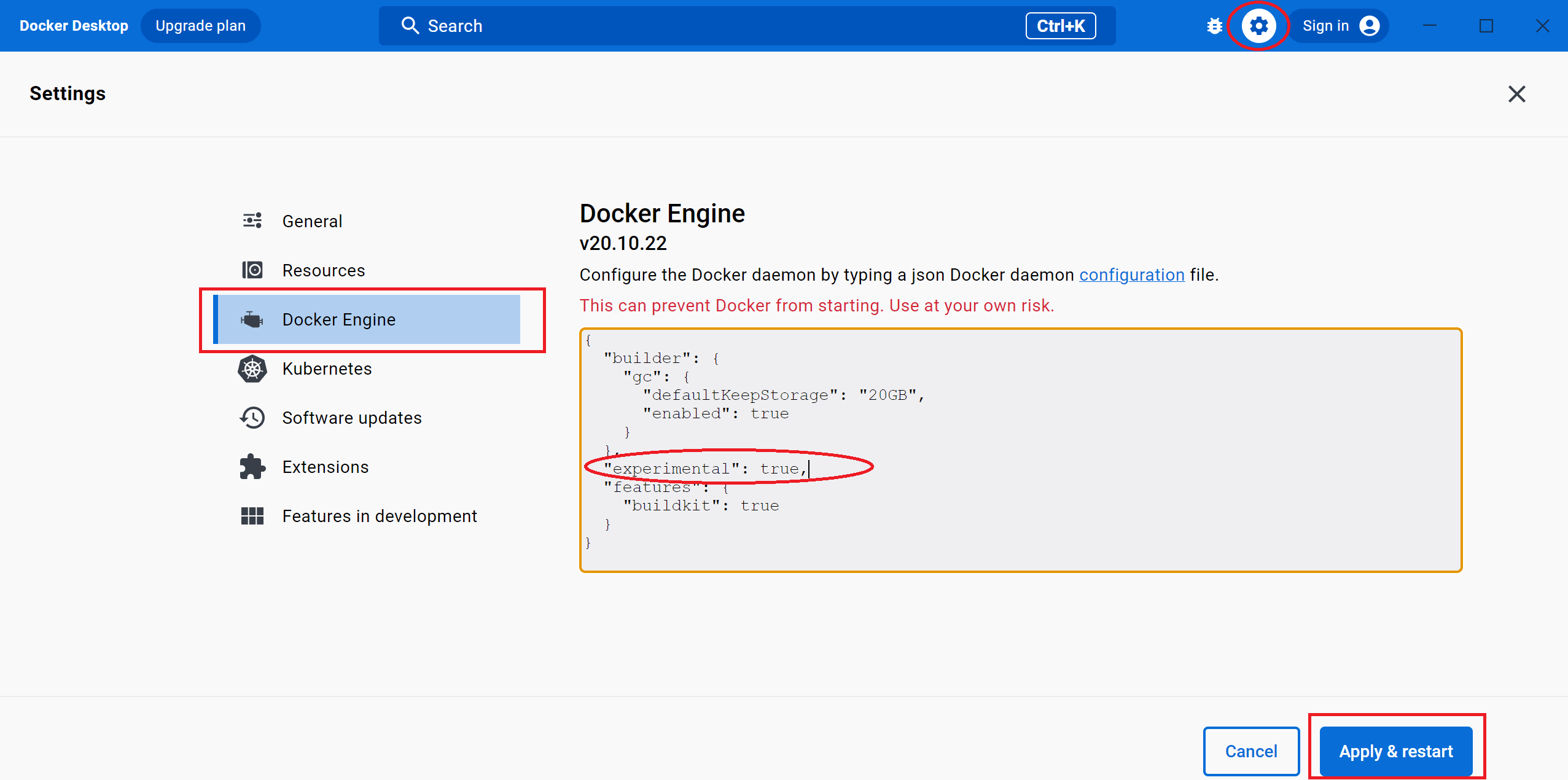 Changing Docker Engine experimental settings