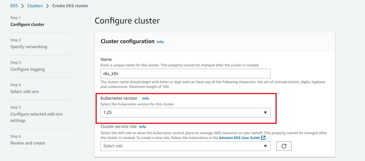 Setting up EKS Kubernetes version